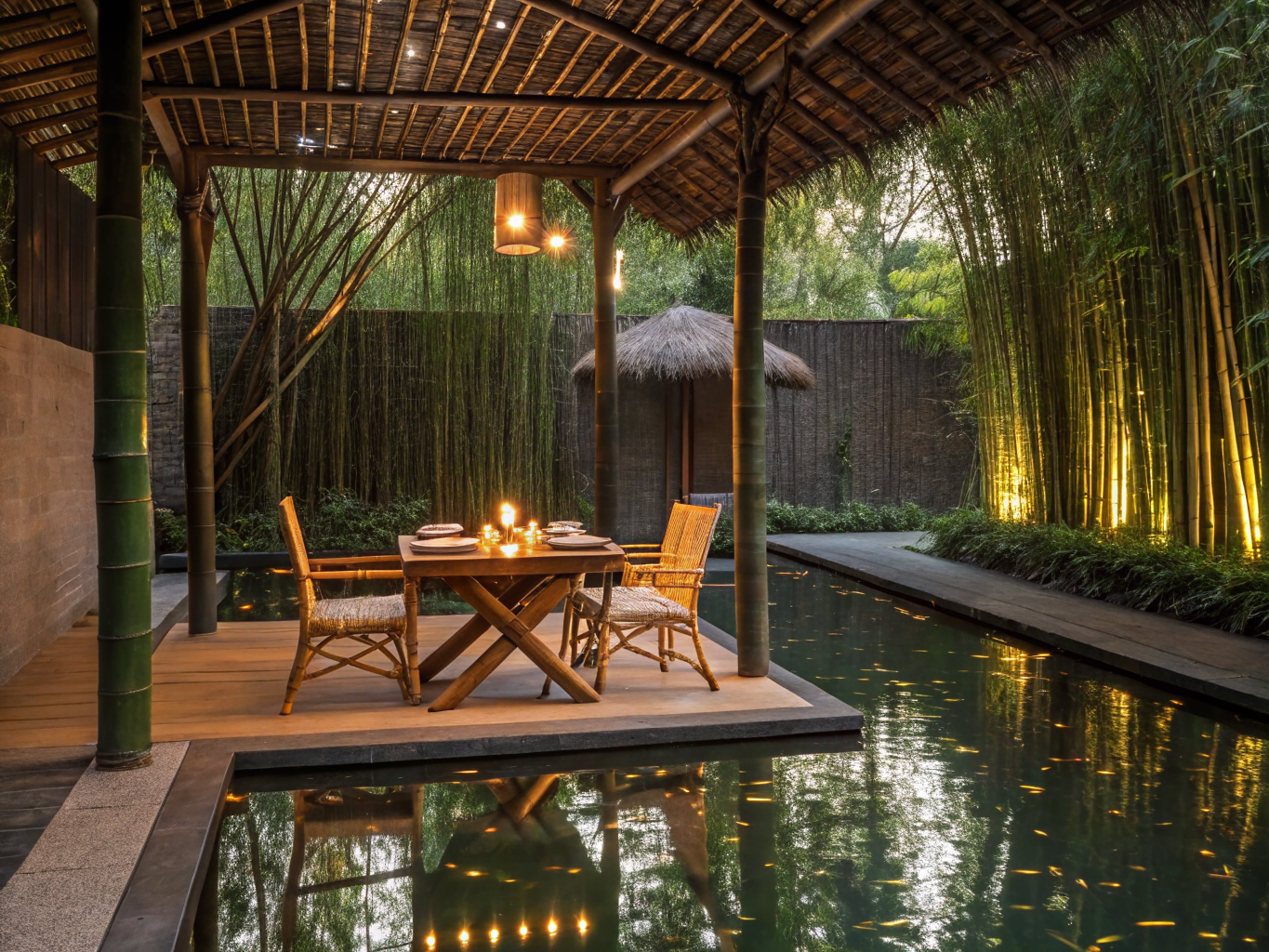 Intimate private dining setup within the organic bamboo structures
