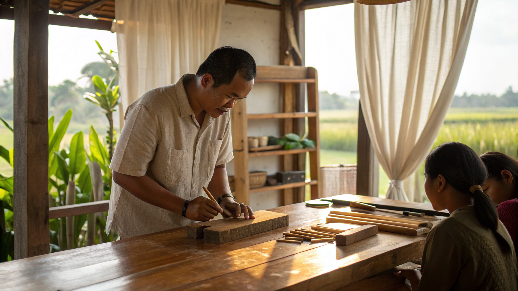 Local artisan leading a craft workshop in our sun-drenched creative studio