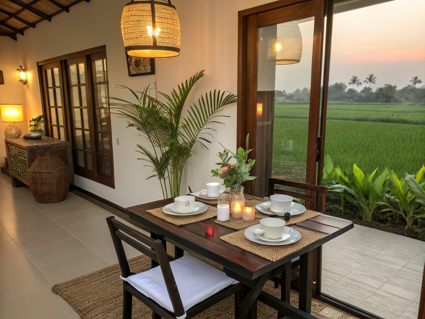 Intimate private dining setup with rice field views